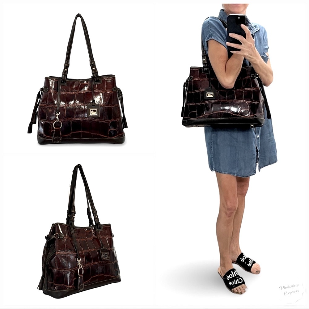 Dooney & Bourke Croco Embossed Genuine Leather Double Strap Tassel Bag Satchel - Picture 3 of 14